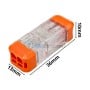 Connecteur électrique rapide transparent avec extrémités orange, dimensions indiquées