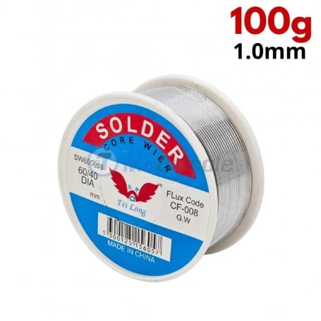 Bobine de fil de soudure argentée de 1 mm de diamètre, poids 100 g, étiquette bleue et blanche