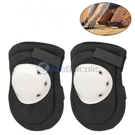 Paire de genouillères noires avec coque rigide blanche en PVC, munies de velcros pour maintien.