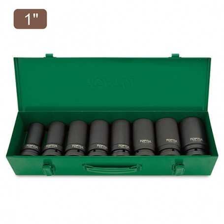 Jeu de 8 douilles à choc profondes 6 pans disposées dans une boîte métallique verte ouverte.