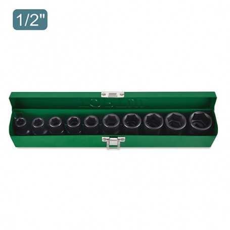 Boîte métallique verte ouverte contenant un jeu de 10 douilles à impact 6 pans de différentes tailles 1/2".