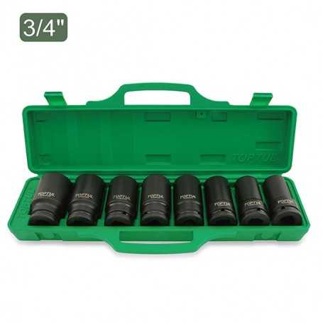 Jeu de 8 douilles à impact profondes 3/4" disposées dans un coffret vert ouvert
