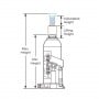 Schéma technique d'un cric bouteille hydraulique avec indications des hauteurs de levage et réglages