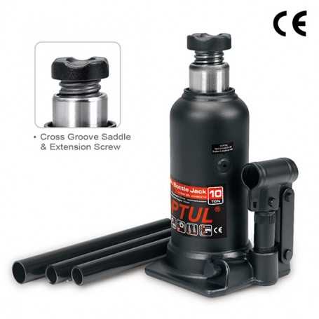 Cric bouteille hydraulique noir avec poignée et trois tubes démontés sur fond blanc