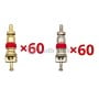 Deux types d'obus de valves de pneus, un en laiton et un en acier, chacun indiqué en quantité de 60 pièces.