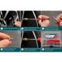 Instructions en six étapes pour le remplacement d'un noyau de valve de pneu avec un outil et un coffret contenant des pièces.