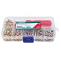 Coffret transparent contenant un kit de réparation d'obus de valves de pneus avec un outil rouge.