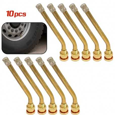 Dix valves de gonflage coudées en cuivre pour pneus tubeless, diamètre 8 mm, avec image d'une roue de véhicule.