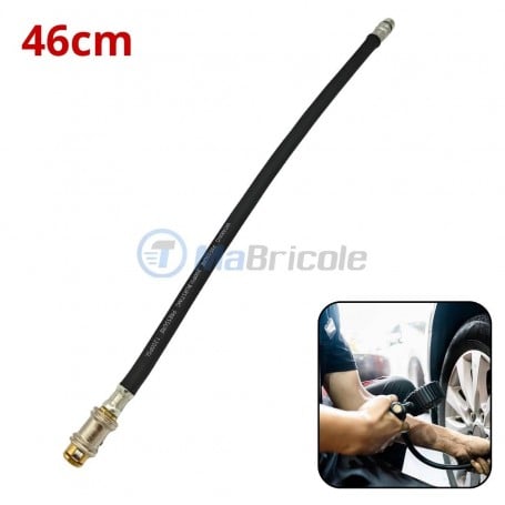 Extension flexible noire de valve conique de 46 cm pour gonflage de pneus, vue produit et utilisation