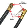 Gros plan sur une rallonge de valve flexible avec indications des parties en acier et alliage d'aluminium.