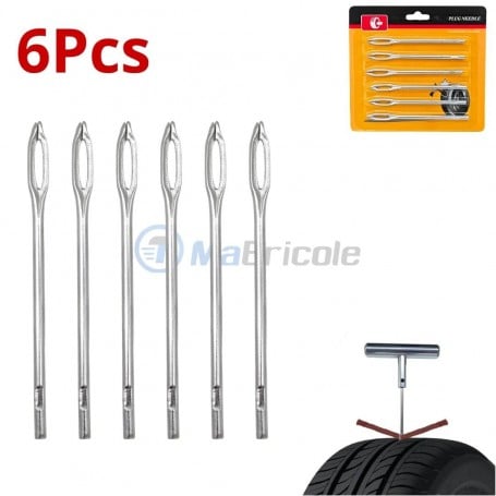 Lot de 6 aiguilles fendues en métal pour réparation de pneus, avec poignée en T visible en bas à droite.