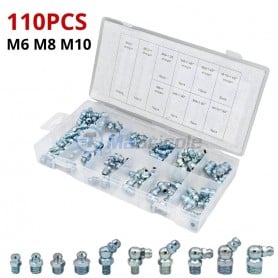 Assortiment de graisseurs mécaniques aux filetages M6 M8 M10, droites et coudées 45° 90° 110PCS avec coffret