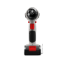 Vue frontale d'une perceuse visseuse sans fil grise et noire avec des boutons rouges