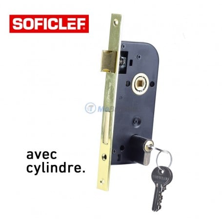 صورة لقفل مدمج مع أسطوانة ومفتاح، مع شعار SOFICLEF ونص "avec cylindre"