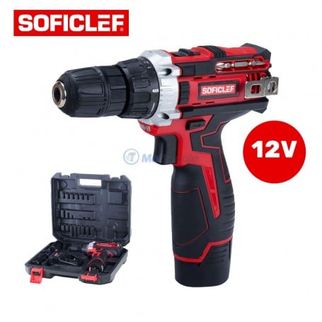 Perceuse visseuse sans fil rouge et noire SOFICLEF avec coffret d'accessoires et indication 12V
