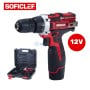 Perceuse visseuse sans fil rouge et noire SOFICLEF avec coffret d'accessoires et indication 12V