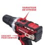 Perceuse visseuse rouge et noire avec variateur de vitesse et crochet pour ceinture visible
