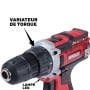 Gros plan sur le mandrin d'une perceuse-visseuse rouge avec variateur de torque et lampe LED intégrée.