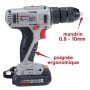 Perceuse visseuse sans fil grise avec poignée ergonomique et mandrin 0,8-10 mm, batterie lithium-ion.