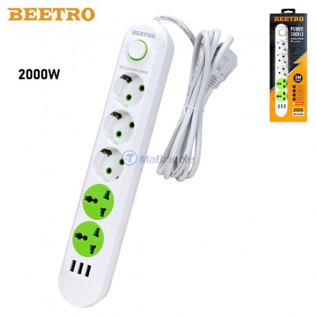 Multiprise avec interrupteur 2m 3 prises de terre 2 prises spéciale 3 USB 2000W MAX WHITE BEETRO |LA348-WHITE | Rallonge et multiprise | MaBricole Algérie