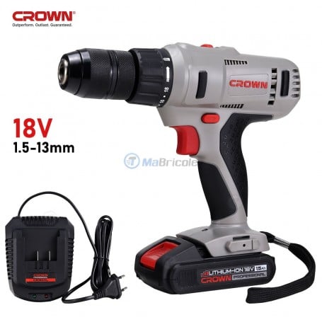 Perceuse visseuse sans fil grise et noire avec batterie et chargeur CROWN 18V 1,5-13 mm
