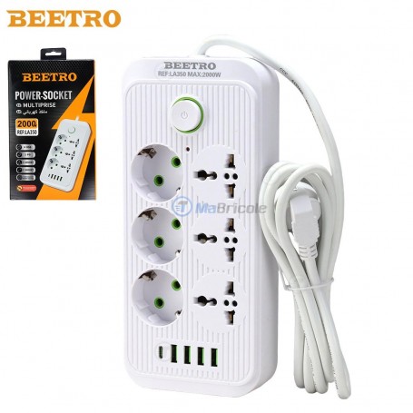 Multiprise avec interrupteur 2m 3 prises de terre 3 prises spéciales 4 USB 1 PD 2000W BEETRO | Rallonge et multiprise | MaBricole Algérie