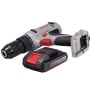 Perceuse visseuse sans fil grise avec poignée noire, batterie lithium 18V 1.5Ah noire et rouge
